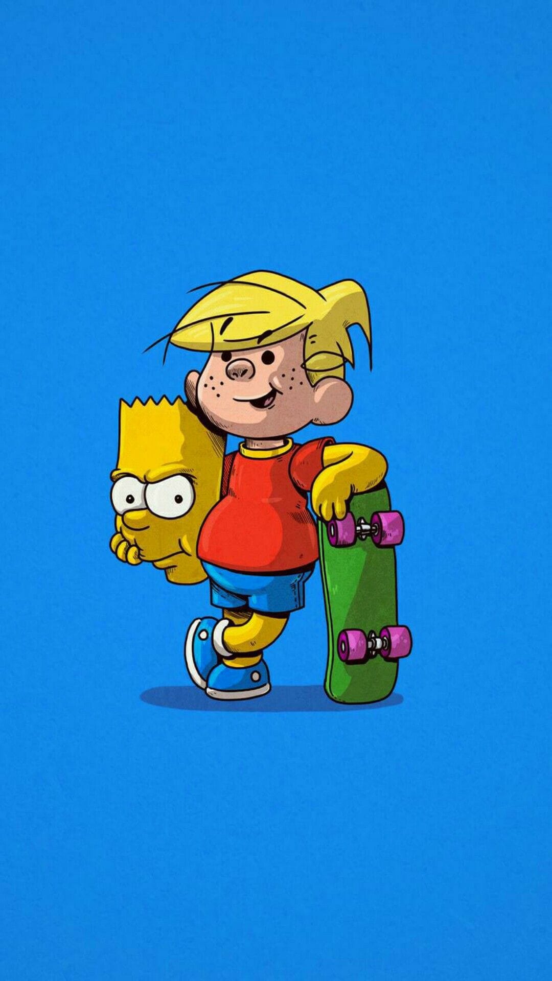 Freckled blonde boy holding a green skateboard and a yellow Bart Simpson mask against a solid blue background.