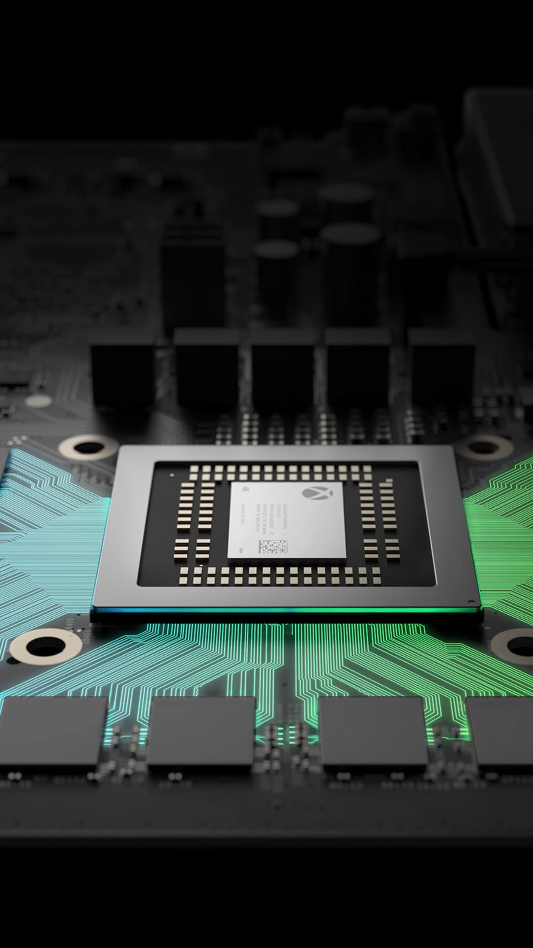 Xbox Series X processor chip centerpiece surrounded by intricate copper traces and electronic components.