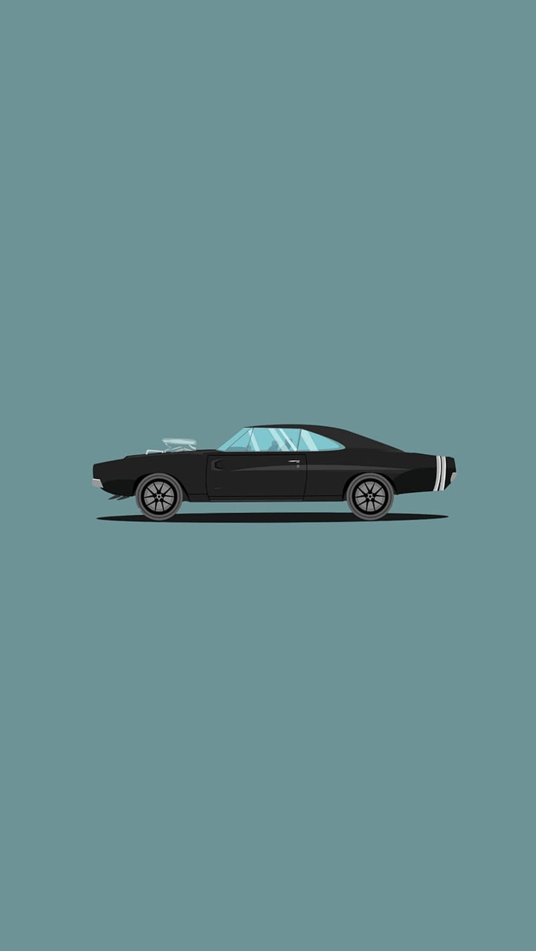 Black Dodge Charger muscle car featuring a hood supercharger and side stripes against a solid teal background.