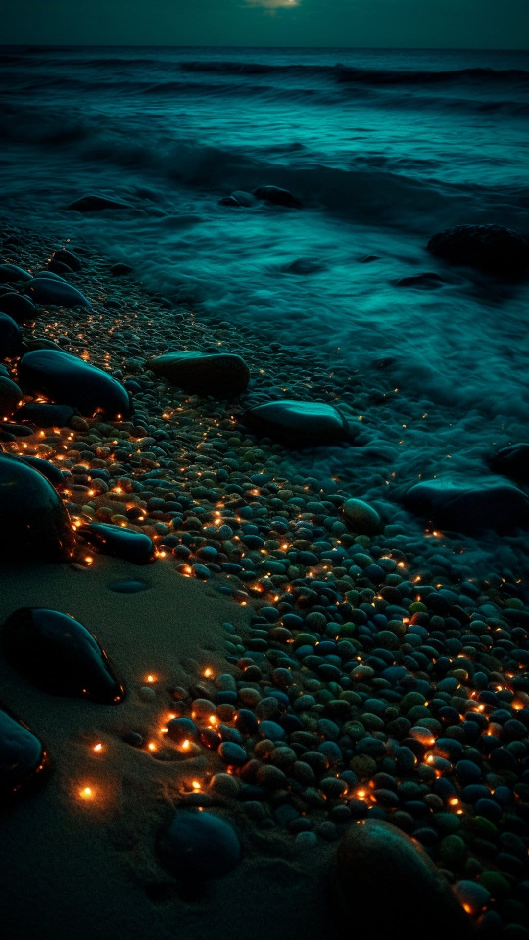 Glowing stones with amber light rest on a dark sandy beach as gentle ocean waves lap at the shore under moonlight.