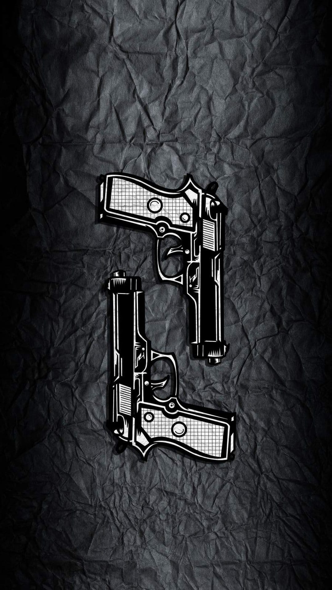 Twin vertical handguns with checkered grips appear on a dark, crumpled charcoal background with high contrast.