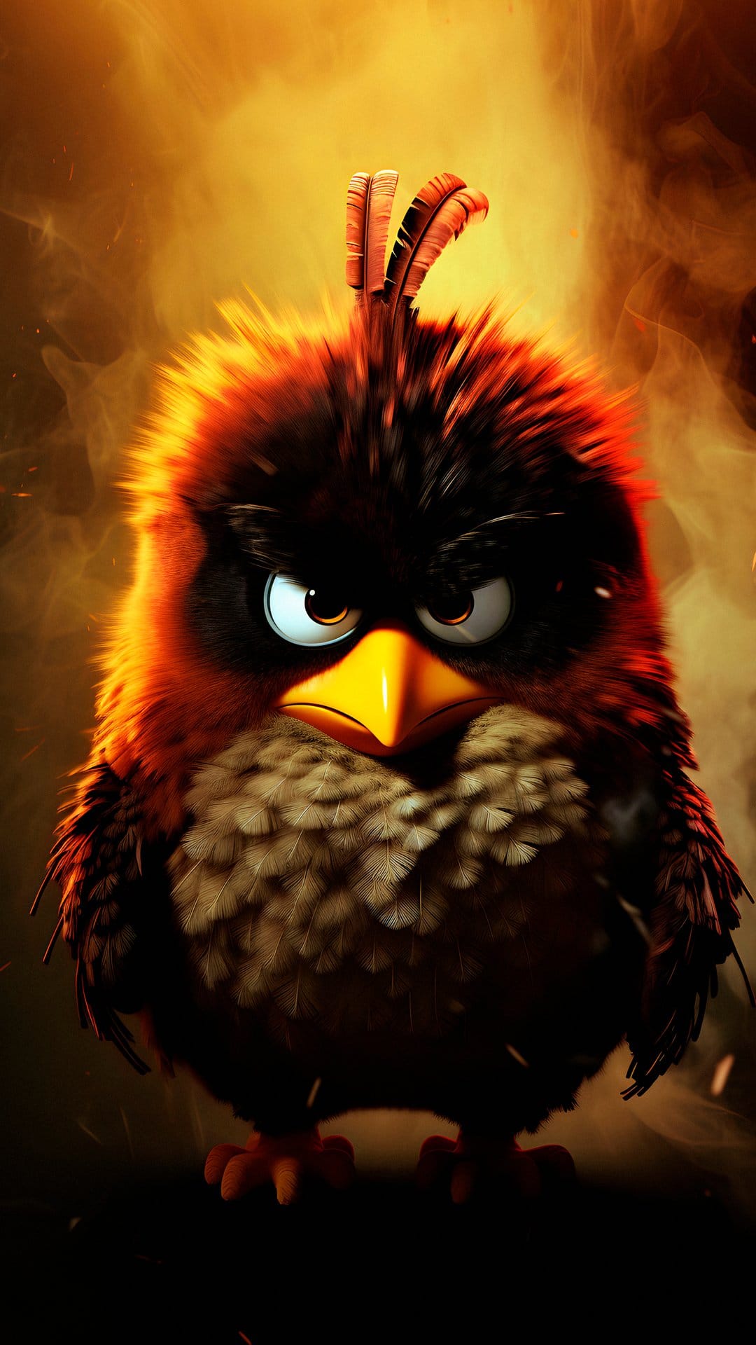 Red bird with a yellow beak and angry expression stares forward against a backdrop of orange smoke and fire.
