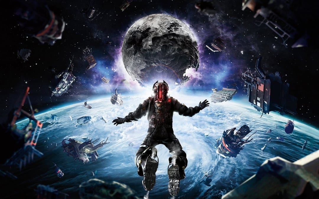 Isaac Clarke floating in zero gravity surrounded by space debris above a blue planet with a large moon.