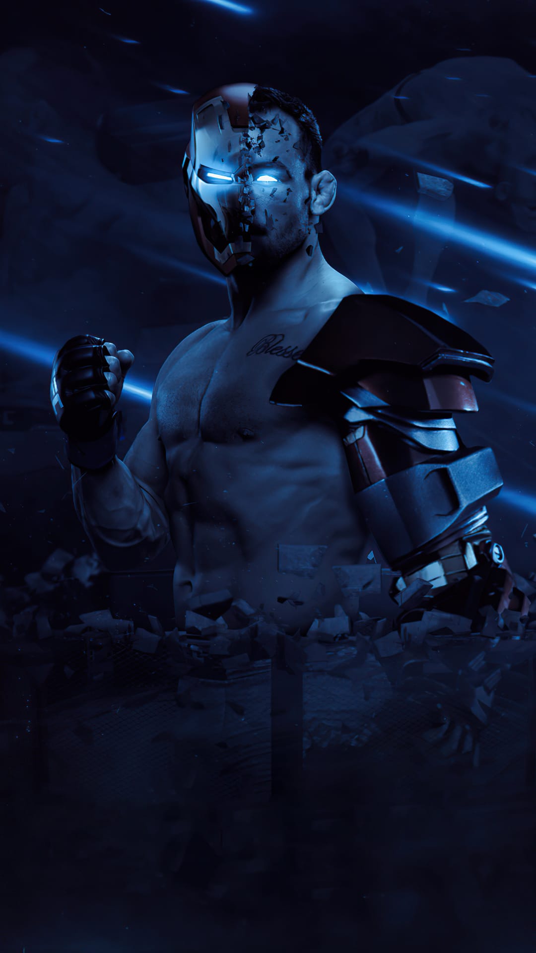 MMA fighter with a tattooed torso and half Iron Man suit emerges from rubble with glowing blue eyes and energy beams.