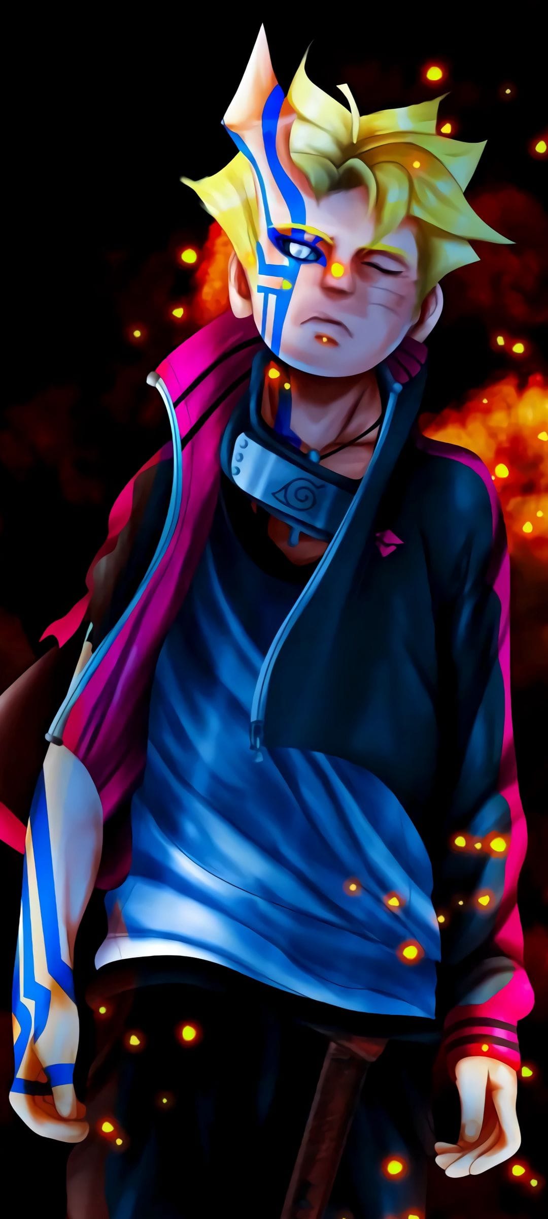 Boruto Uzumaki with glowing blue facial markings and a black jacket stands amidst orange embers and dark shadows.