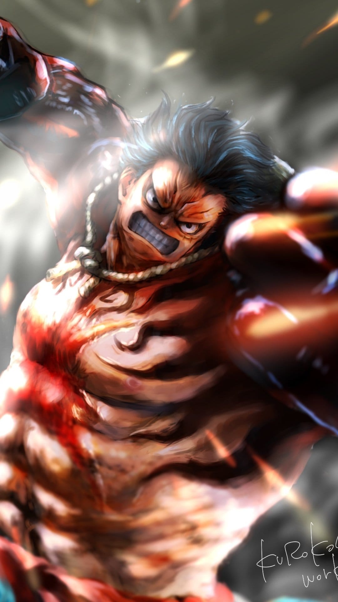 Monkey D. Luffy grinds his teeth while throwing a massive punch with muscular Gear Fourth arms and fiery sparks.