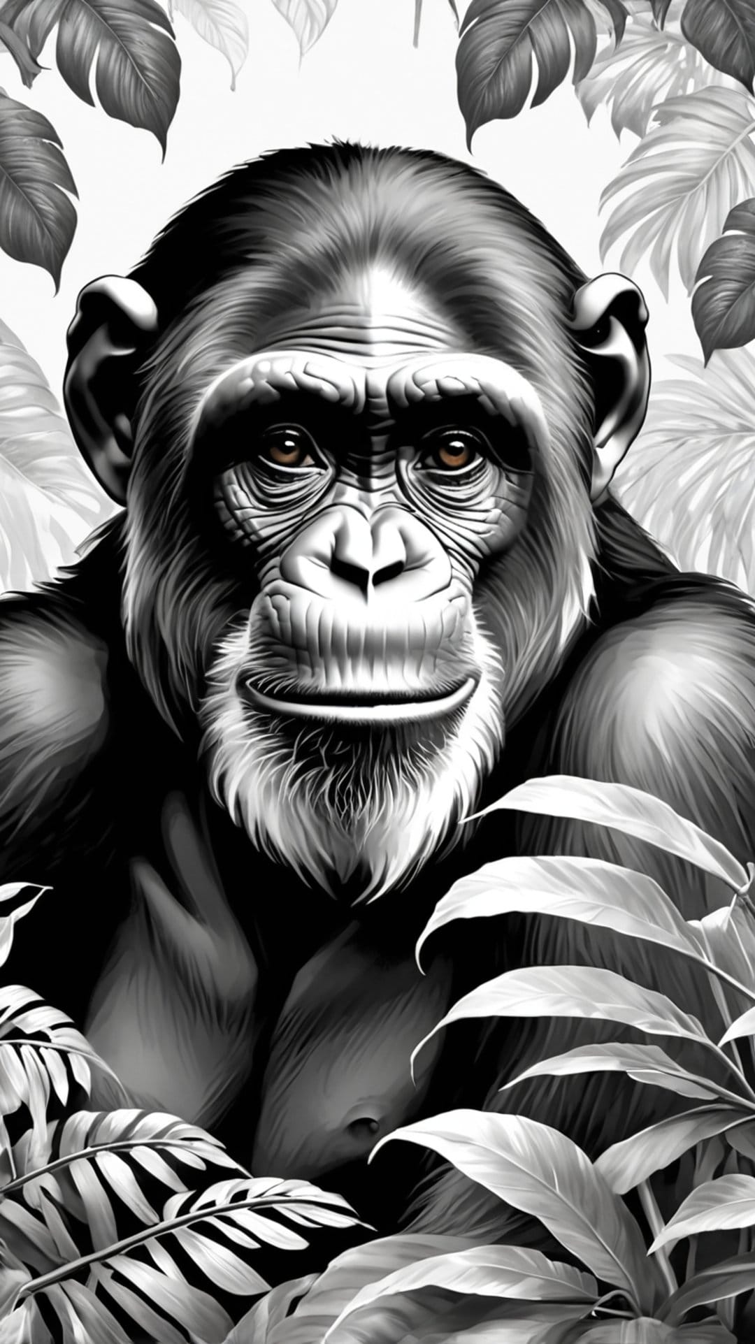 Chimpanzee face with detailed fur textures surrounded by large tropical foliage in a high-contrast monochrome style.