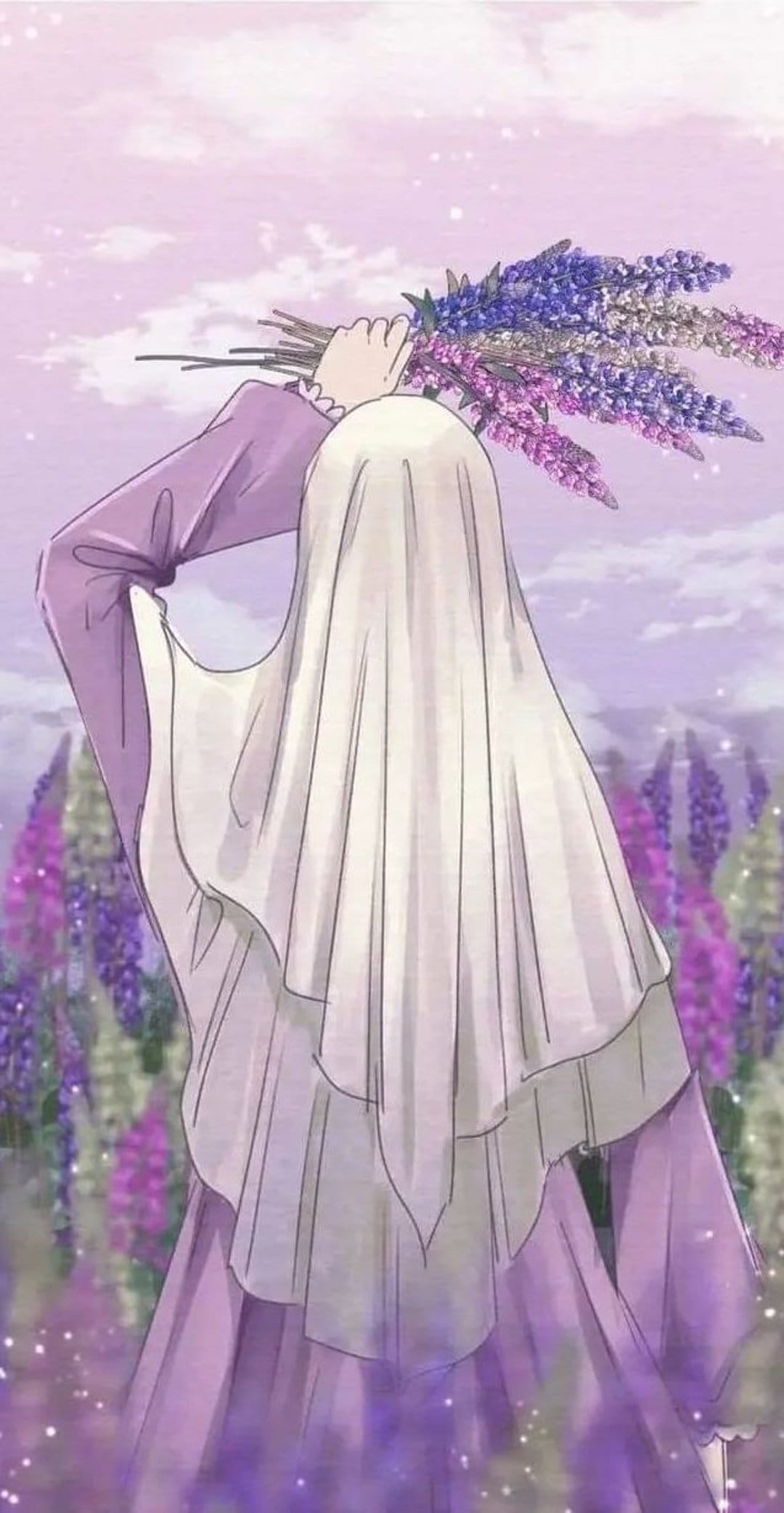 Hijabi girl in a purple dress holds a lavender bouquet within a vast field under a soft pink and violet sky.