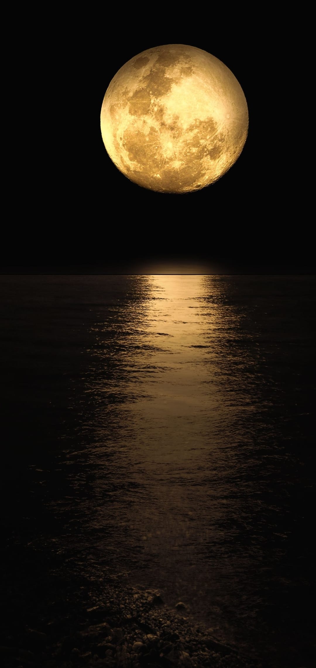 Luminous full moon rising over the dark silhouette of a rounded hill under a clear monochromatic night sky.