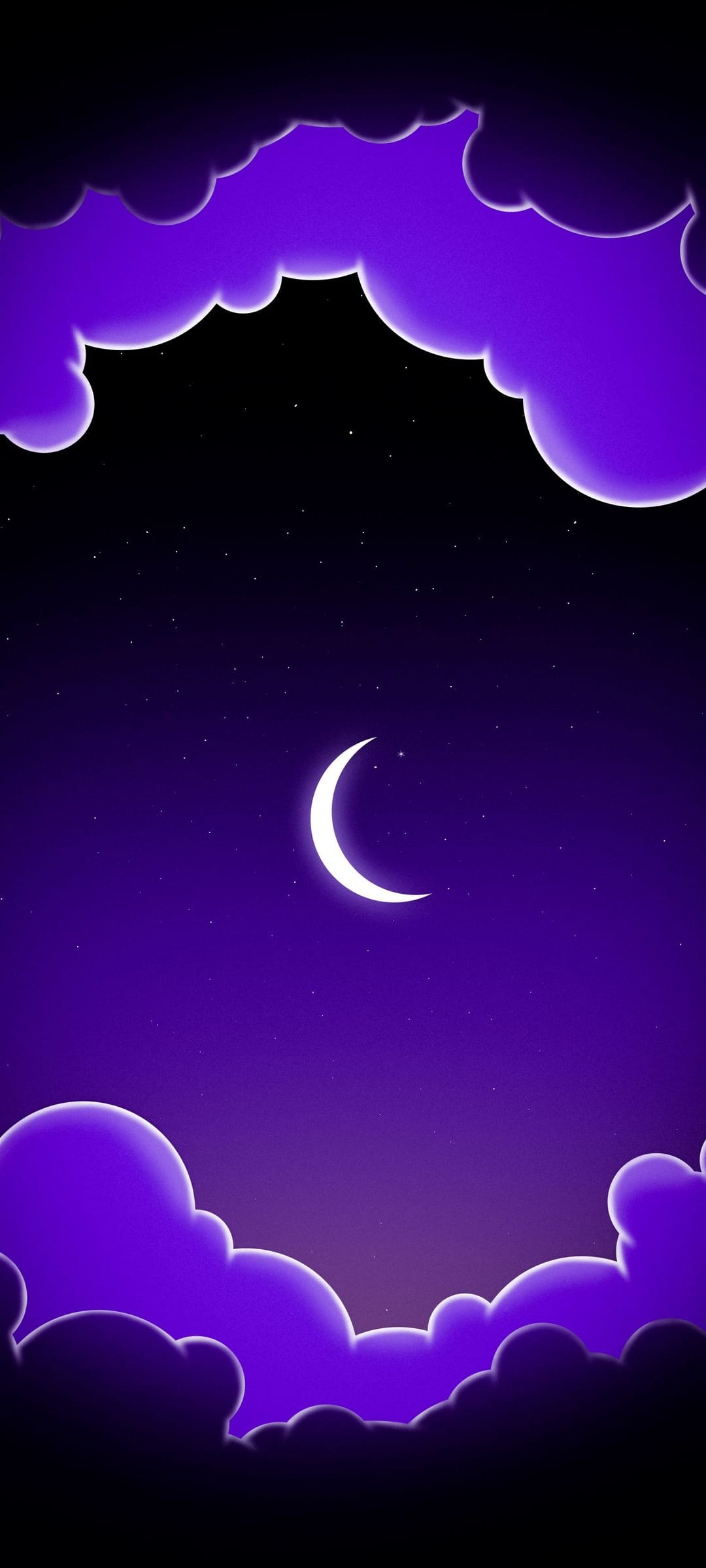 Crescent moon glows brightly among thick purple clouds and tiny twinkling stars in a dark celestial night sky.