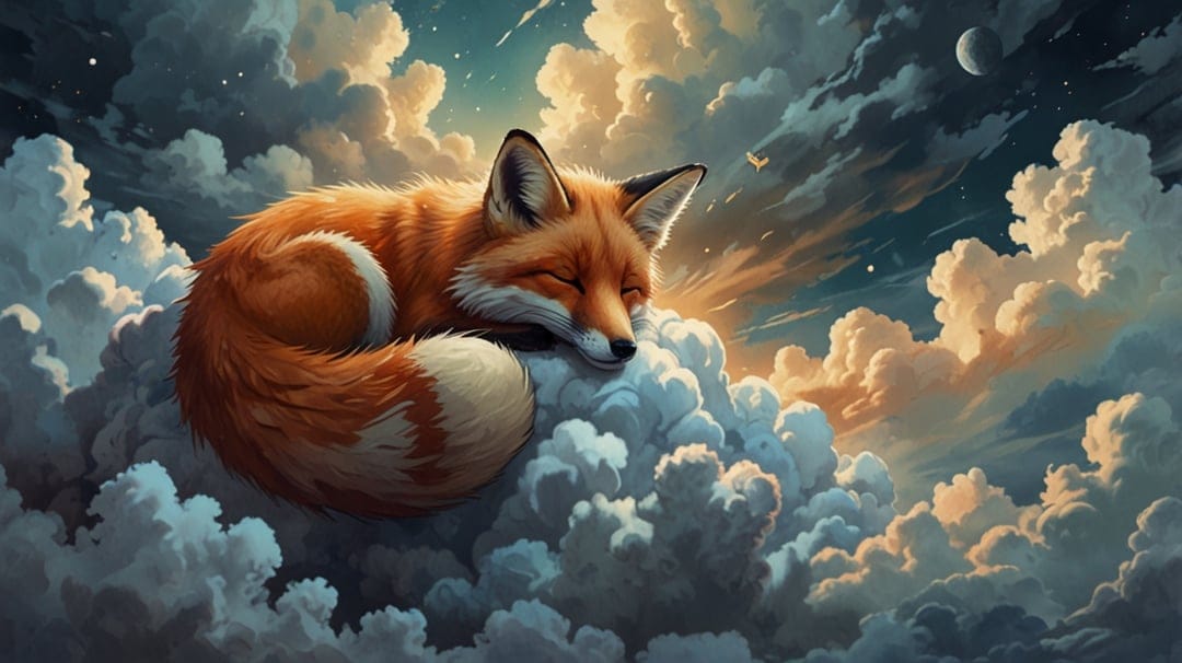 Red fox curled up asleep on white clouds against a sunset sky featuring a crescent moon and distant glowing stars.