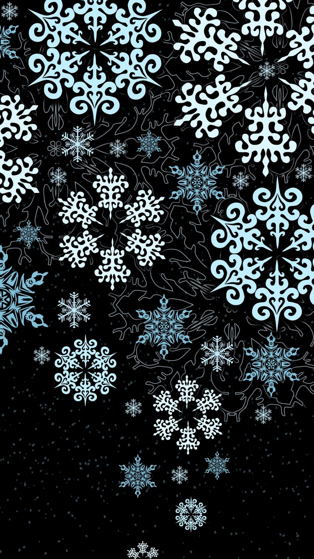 Intricate light blue and white snowflakes with geometric patterns fall across a deep black vertical background.