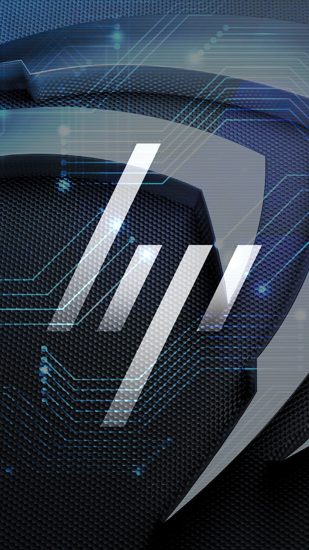White angular logo centered on dark metallic textures with glowing blue electrical circuit board patterns.
