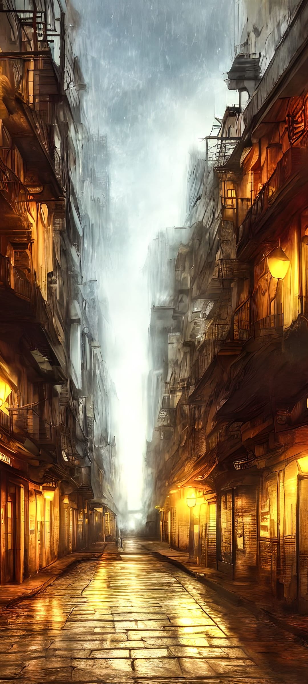 Glowing street lanterns reflect on a wet cobblestone road between tall historic buildings during a heavy rain.