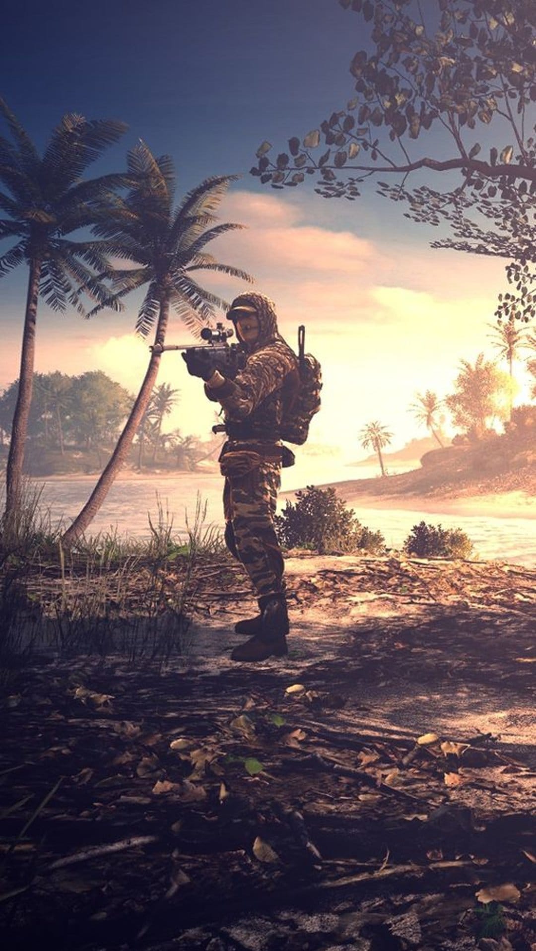 Soldier in camouflage aiming a rifle amidst palm trees and dense jungle leaves during a vibrant orange sunset.