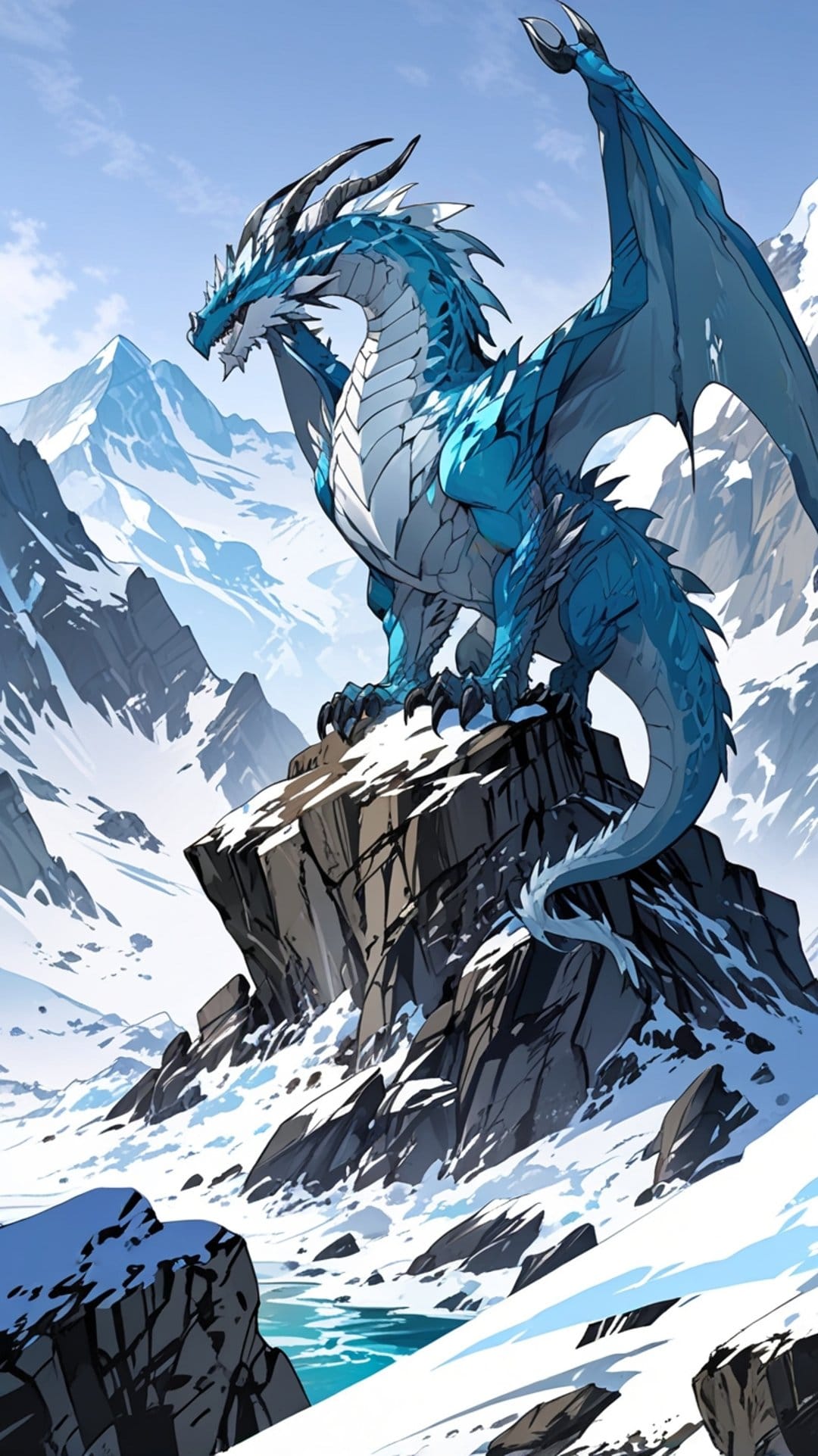 Blue dragon with spreading wings stands on a snowy mountain peak against a clear sky during a bright winter day.