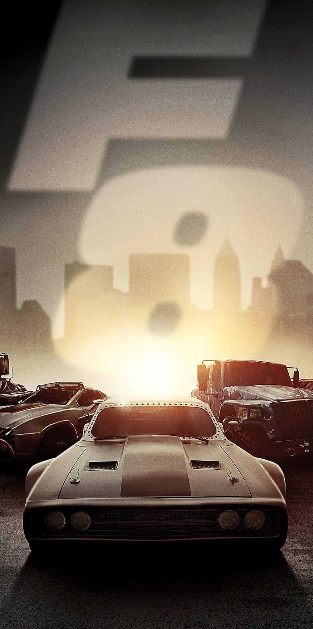 White muscle car with racing stripes leads a fleet of cars against a golden urban skyline and a large F8 logo.