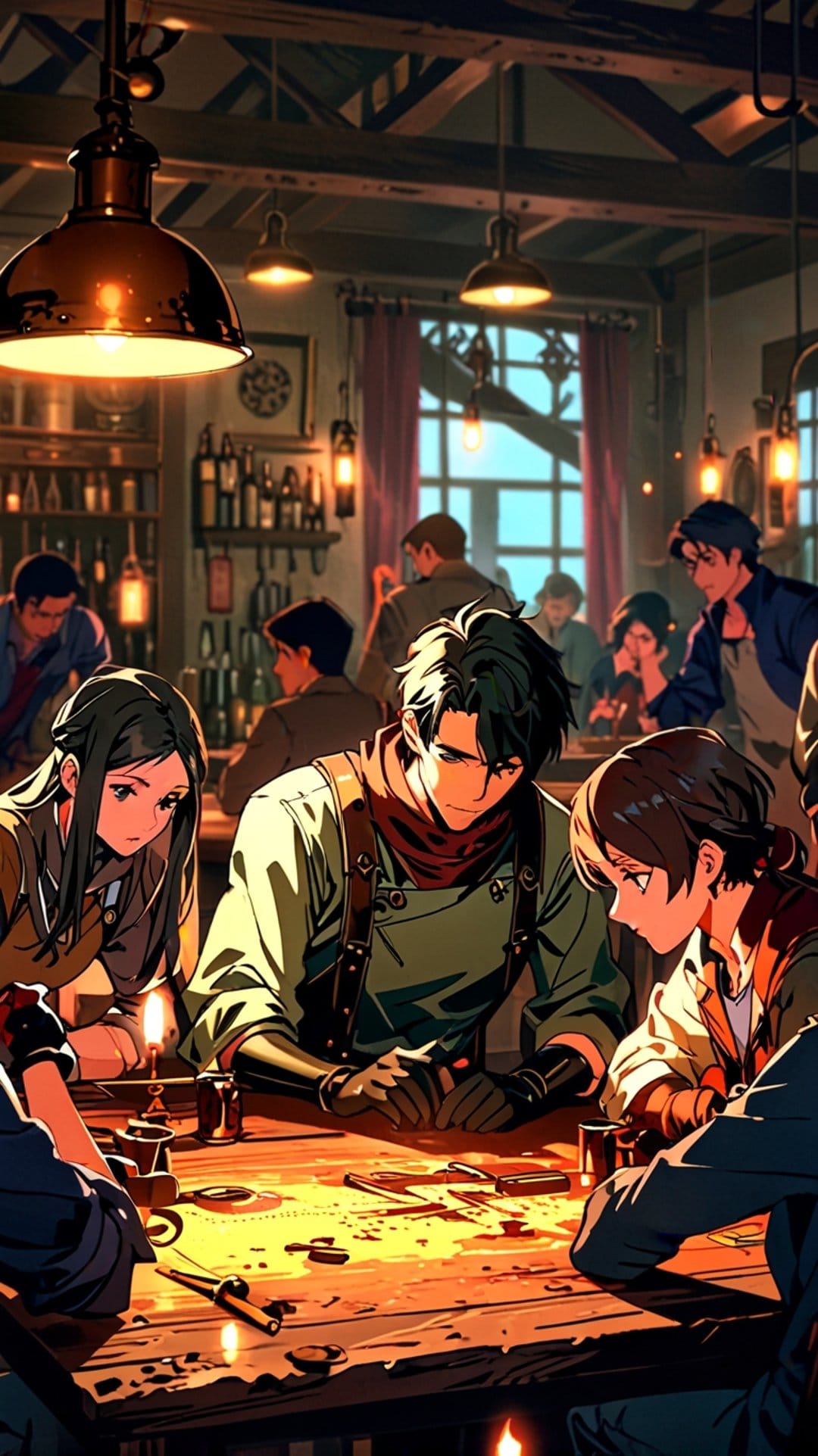 Patrons gather at a wooden table inside a rustic tavern illuminated by golden lanterns and soft window light.