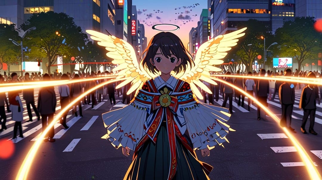 Angel with glowing wings stands on a busy city street at sunset as bright orange light beams emerge from her.