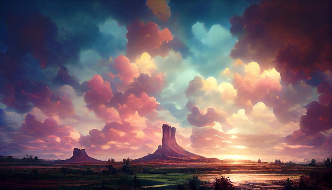 Red rock mesas tower under a dramatic sky filled with glowing pink, orange, and blue clouds at twilight.