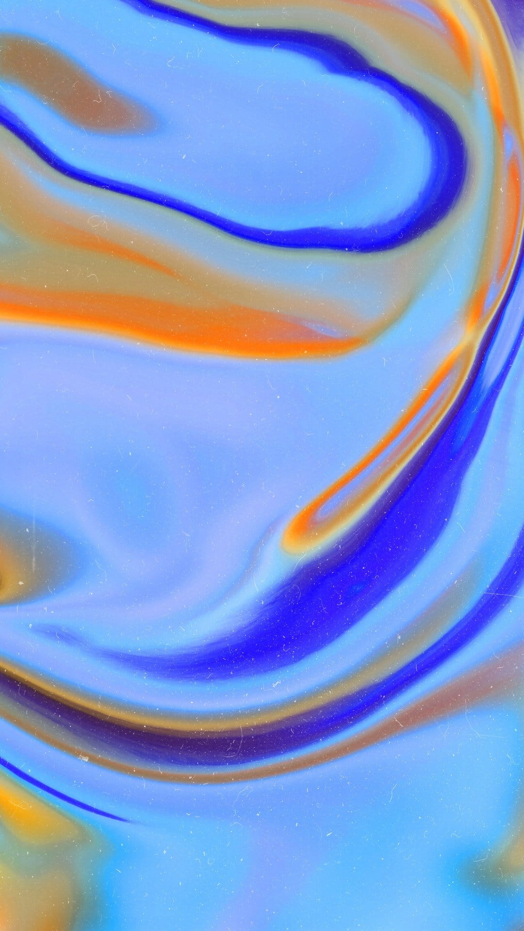 Blue, orange, and purple liquid swirls with a grainy film texture in a vertical abstract composition.