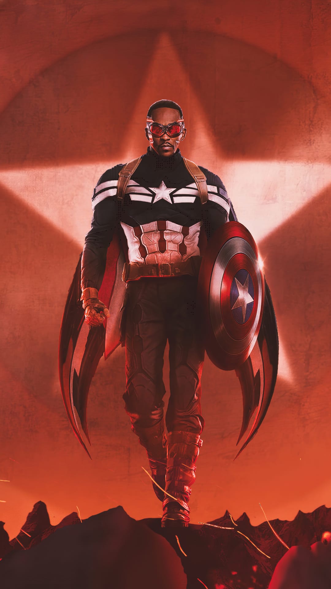 Sam Wilson as Captain America holds a circular shield and wings against a red star emblem in a low angle.