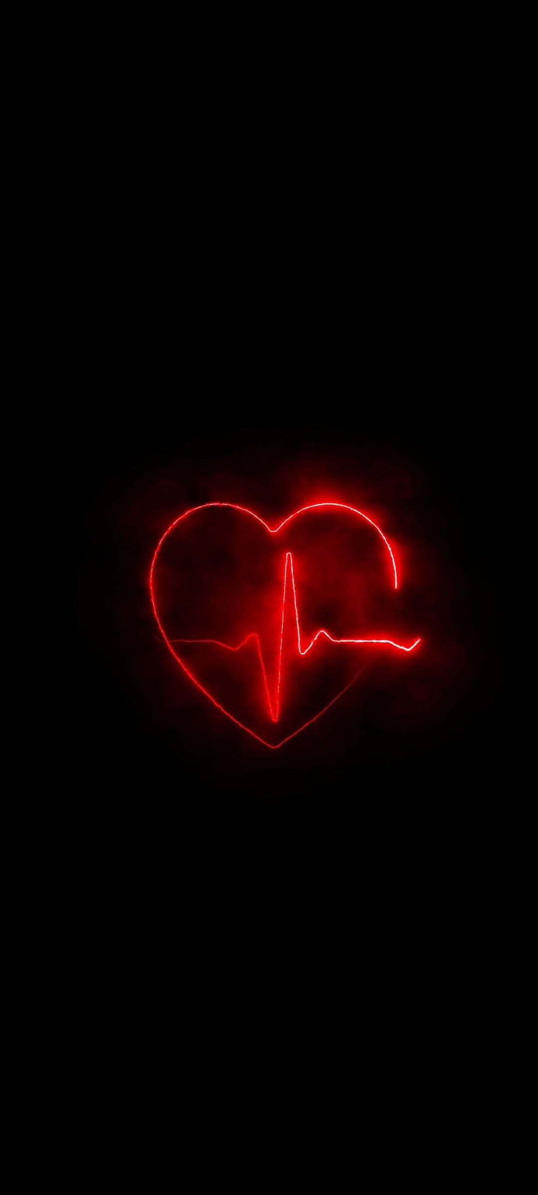 Red neon heart with a glowing electrocardiogram pulse line centered on a pitch-black minimalist background.