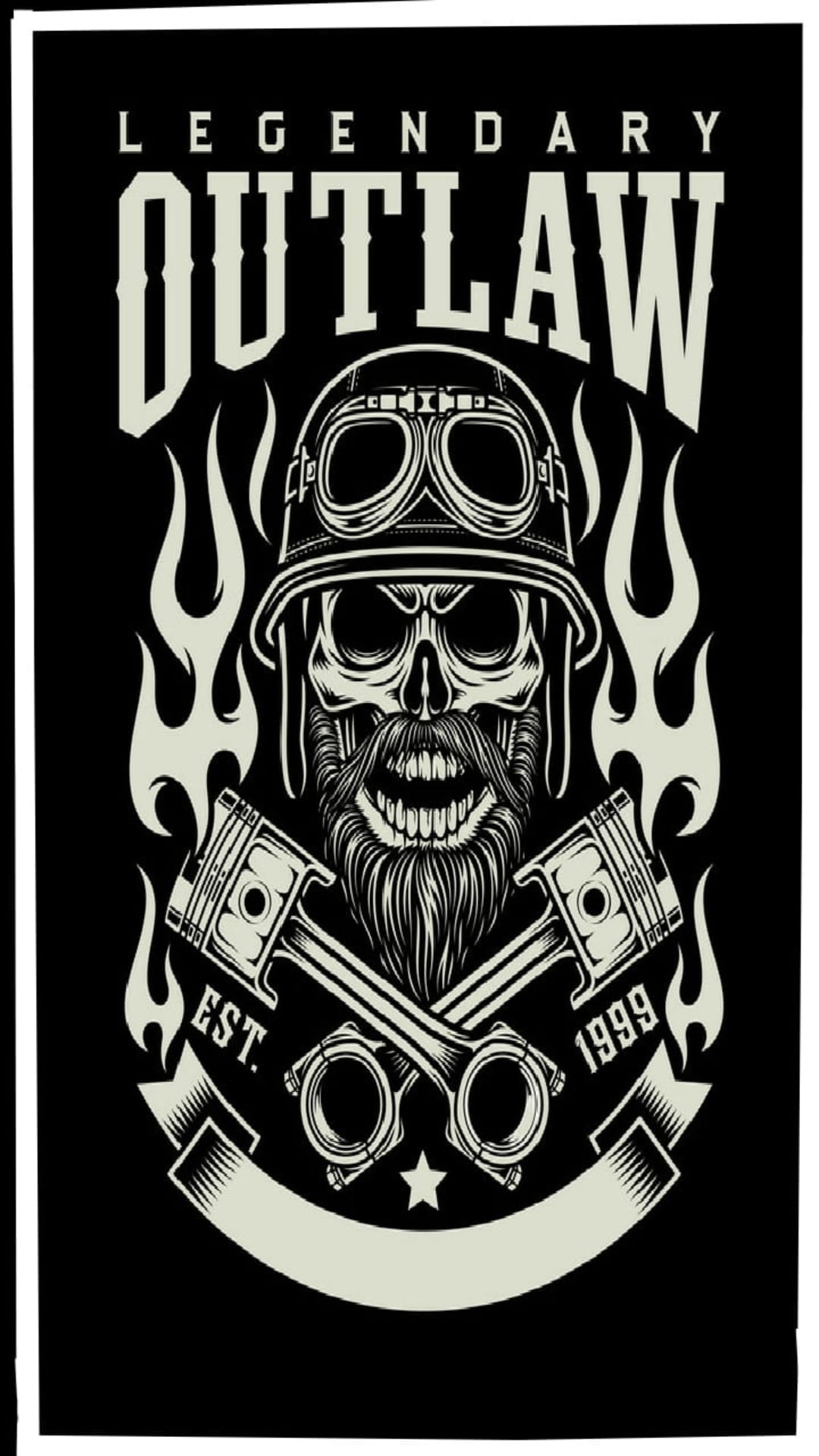 Gritty biker skull wearing a helmet and goggles surrounded by orange flames and two crossed engine pistons.