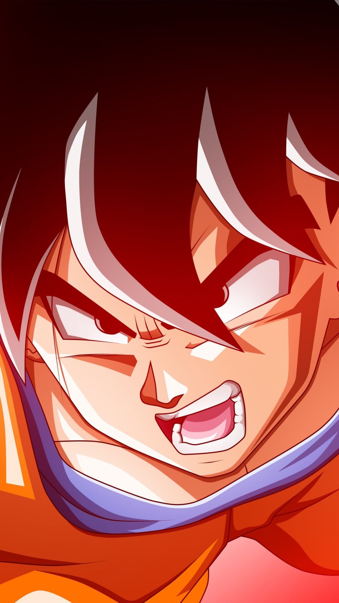 Goku screams with mouth wide open, featuring spiky black hair and an orange gi against a red fiery background.