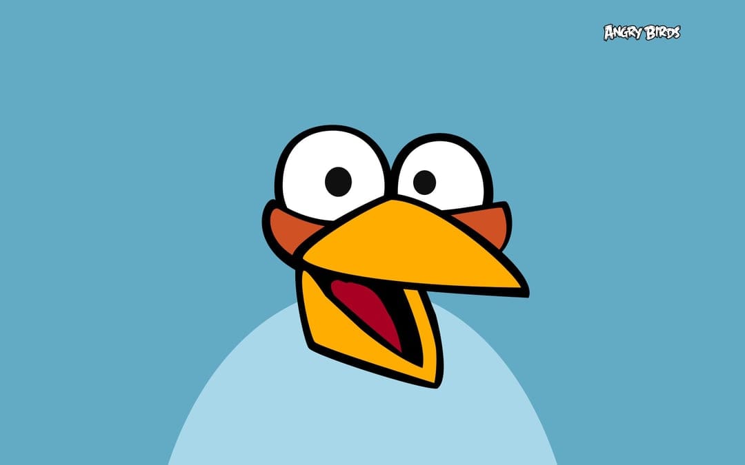Close-up of the Blue Bird from Angry Birds with wide eyes and an open beak on a flat blue background.