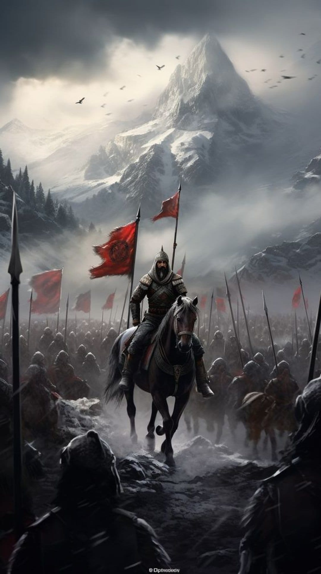 Cavalry leader on a horse guiding a massive army through frozen peaks with crimson banners visible in the mist.