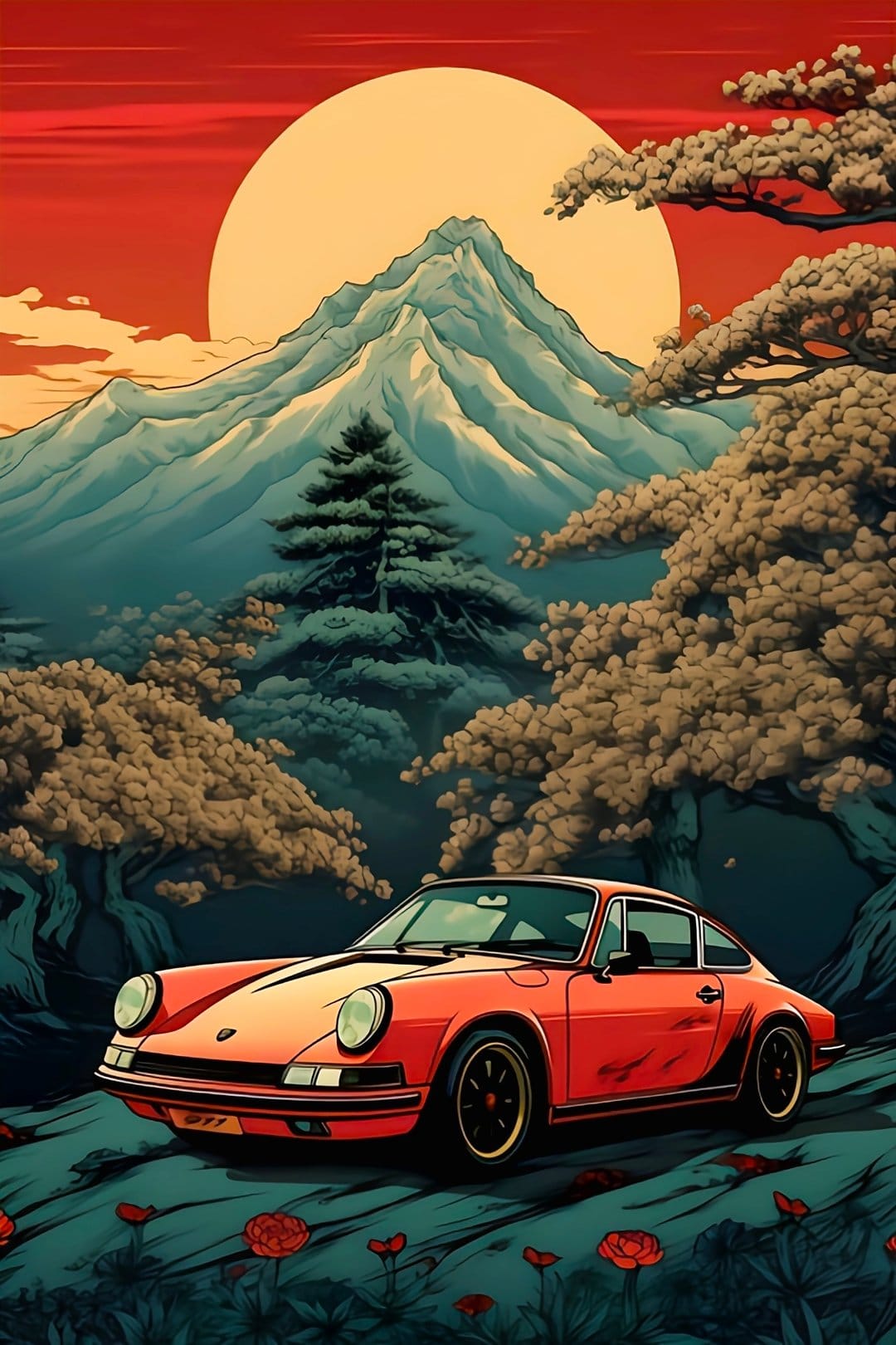 Orange Porsche coupe parked in a mountain landscape with a large setting sun and red flowers in the foreground.