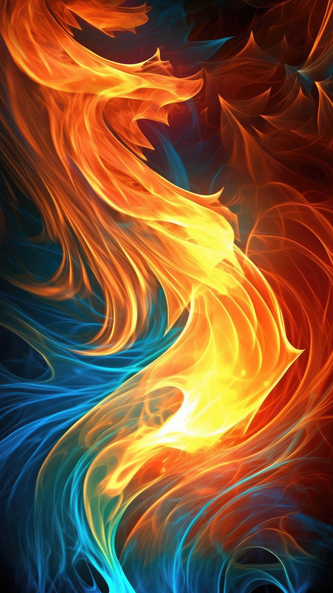 Phoenix composed of glowing orange and yellow flames rising through a swirling vortex of blue energy sparks.