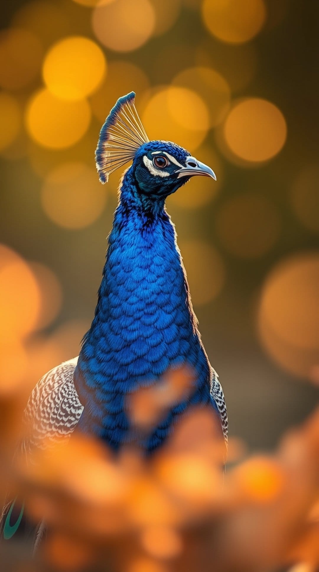 Peacock with iridescent blue plumage and a fan-shaped crest stands before a blurred golden light background.