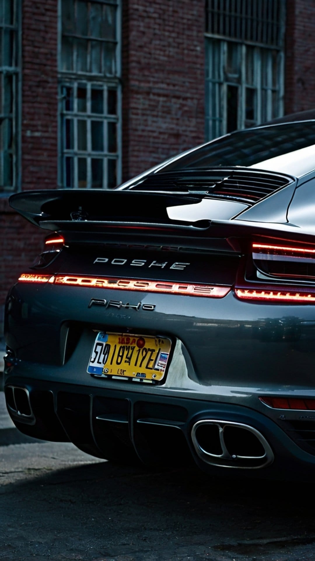 Dark grey Porsche rear view with LED taillights, quad exhaust pipes, and a yellow plate against a brick wall.