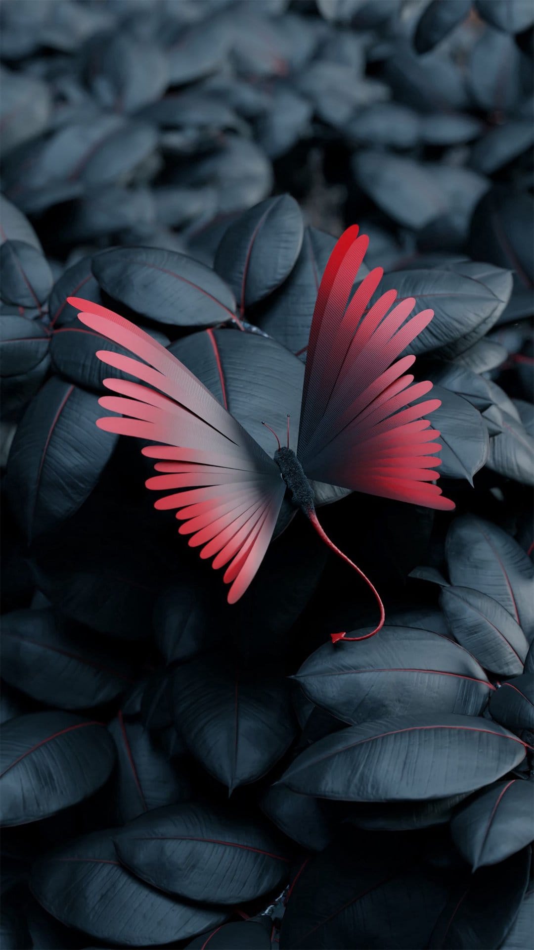 Scarlet butterfly with long black tails rests on dark teal foliage in a vertical macro nature composition.