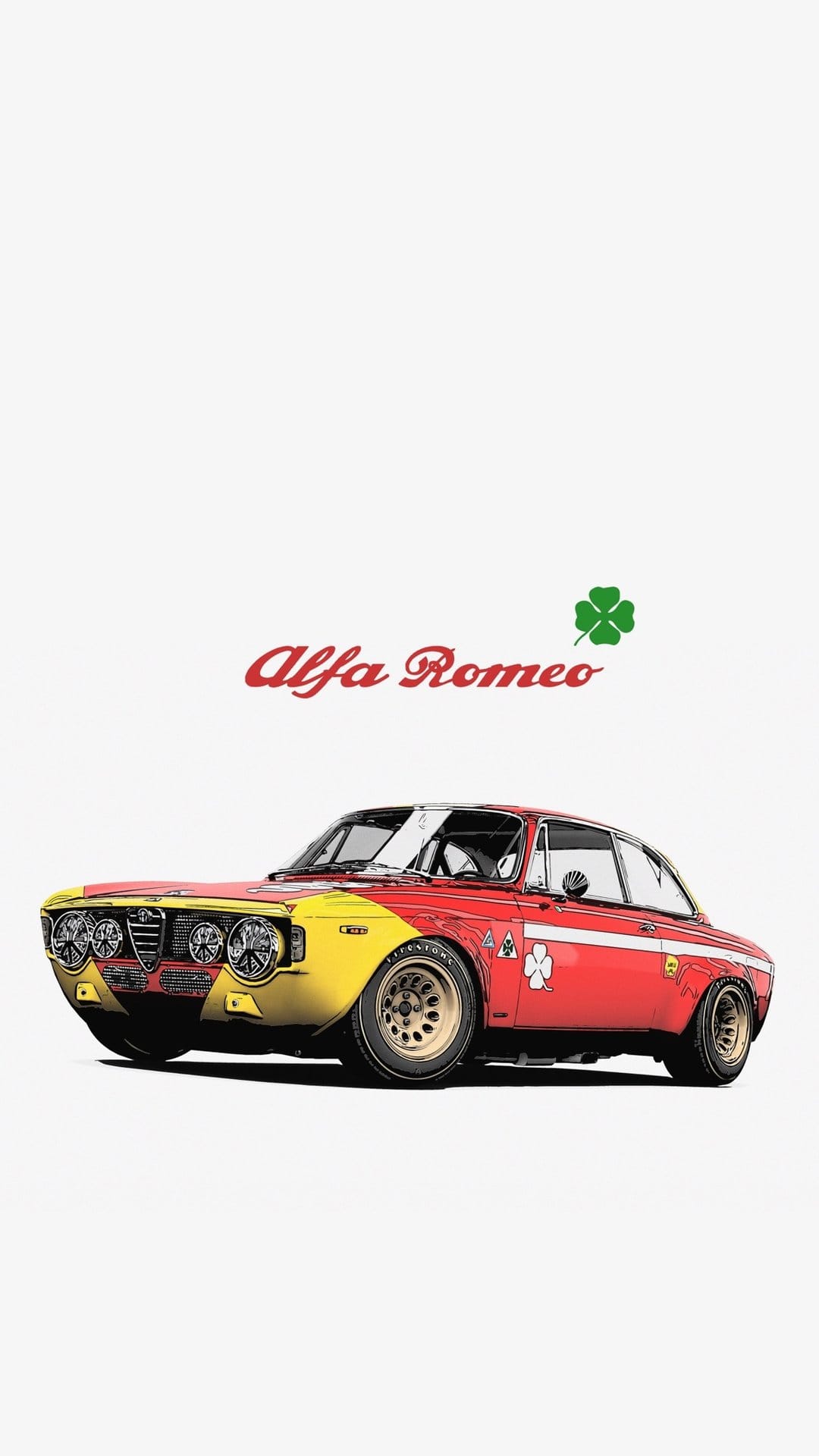Red and yellow vintage Alfa Romeo racing car with white clover emblem on a minimalist white background.