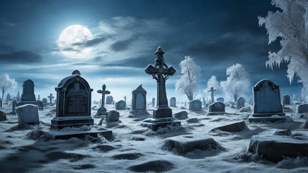 Weathered stone crosses and headstones stand in deep snow under a bright full moon and frosted winter trees.
