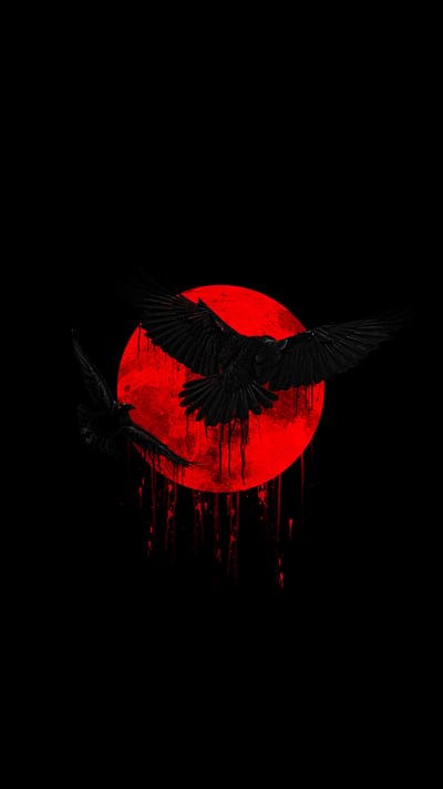 crows,birds,moon,red,black,art