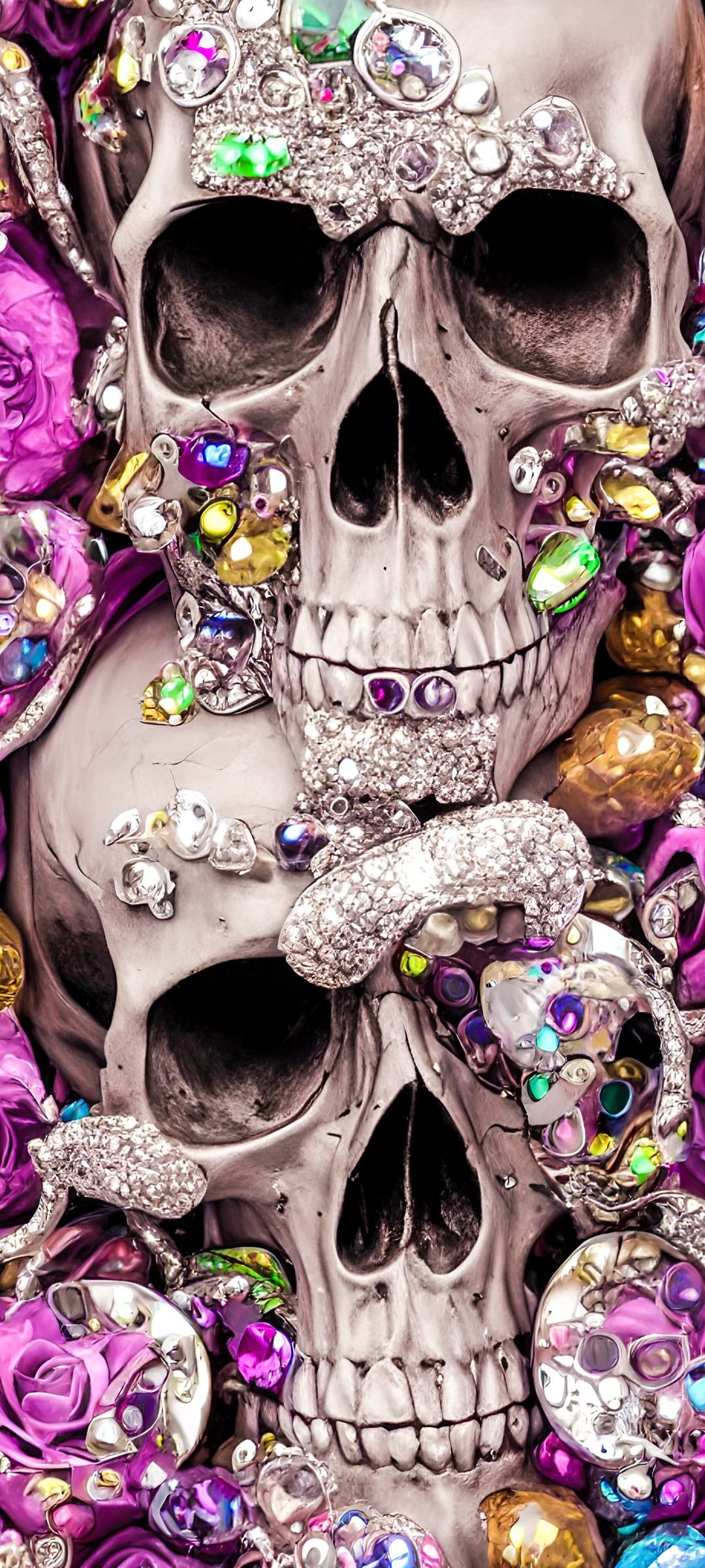 Ornate silver skull decorated with colorful gemstones and blooming pink roses against a dark background.