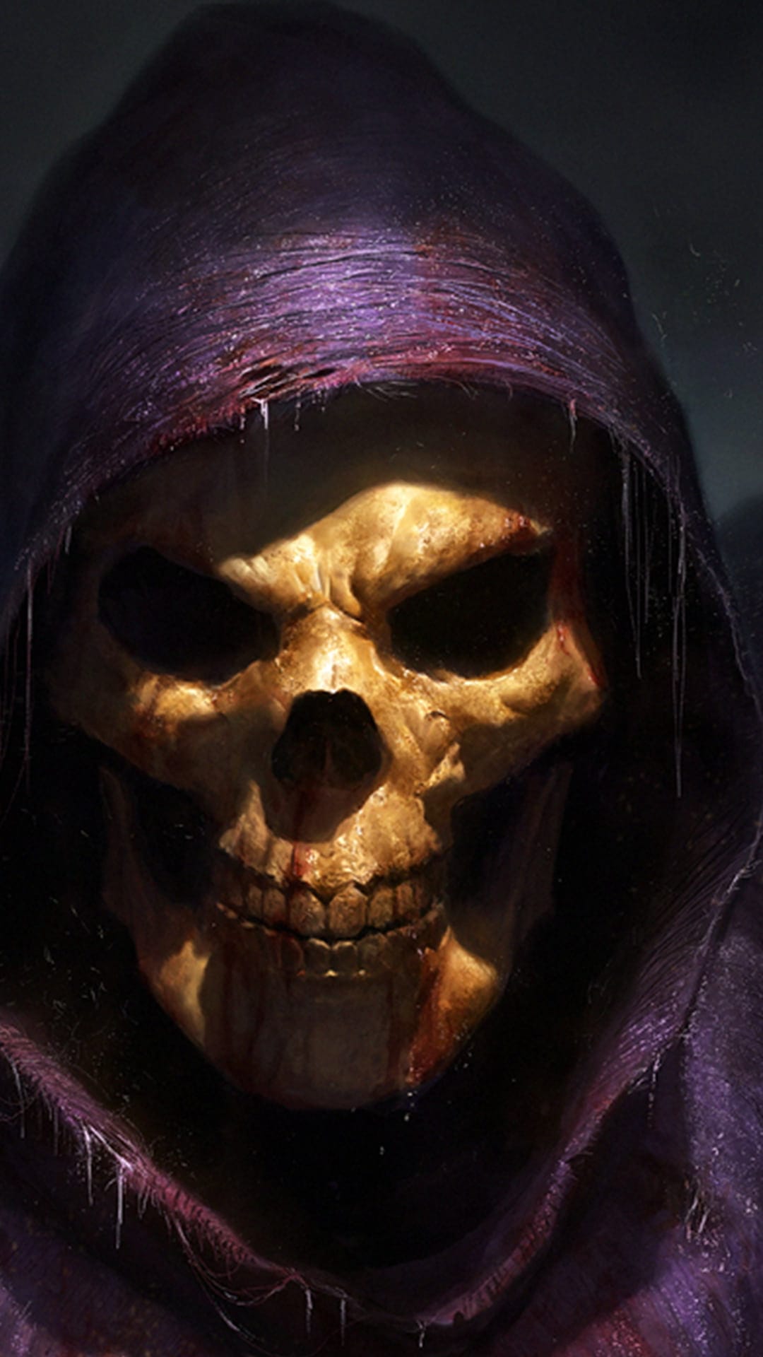 Skeletor's yellowed skull with dark eye sockets wears a tattered purple hood under dramatic warm lighting.