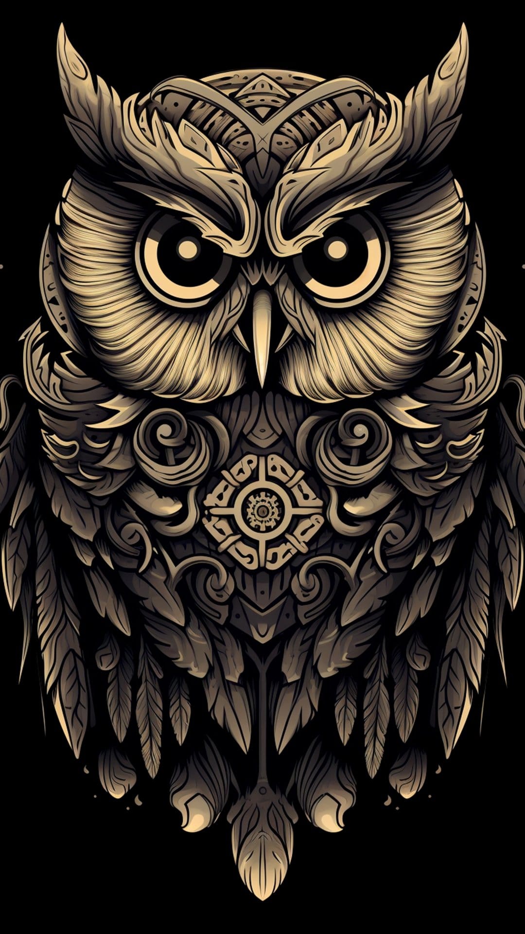 Owl with large piercing eyes and ornate filigree patterns on its feathers in a sepia-toned monochromatic style.