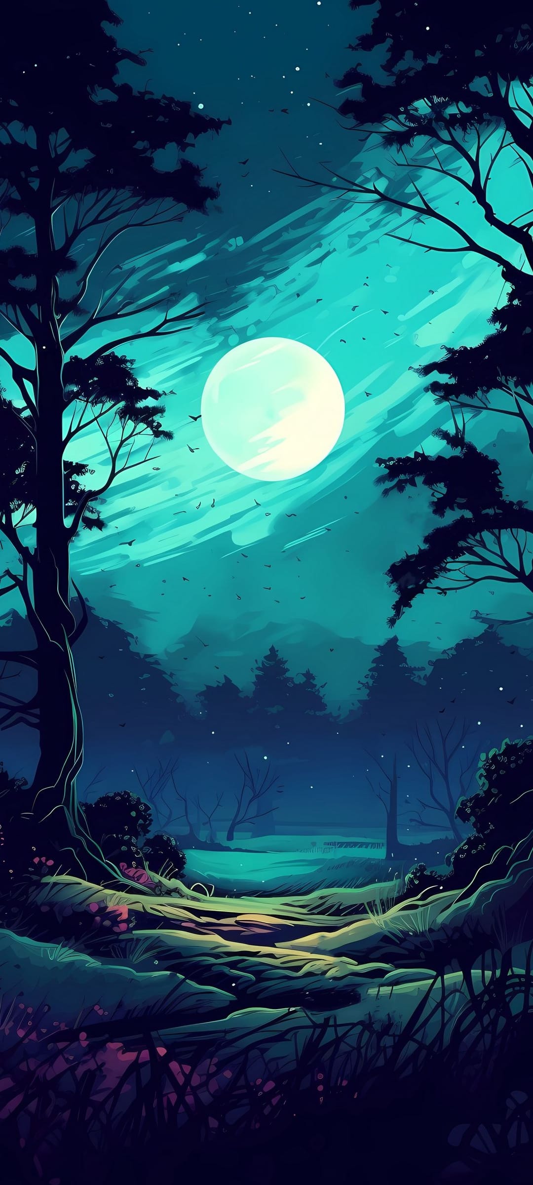 Glowing moon illuminates a winding trail between dark tree silhouettes under a starry teal sky and soft clouds.
