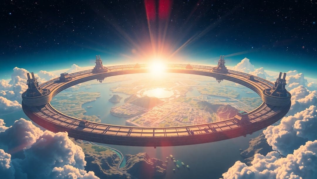 Circular ring-shaped city suspended over Earth at sunrise with glowing orange clouds in the vertical background.