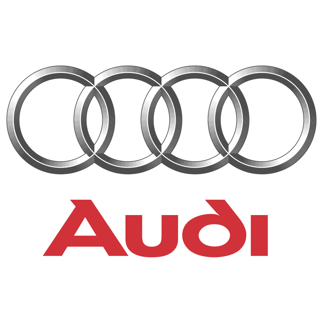 Audi automotive emblem featuring four interlocking silver metallic rings and red sans-serif text on transparency.