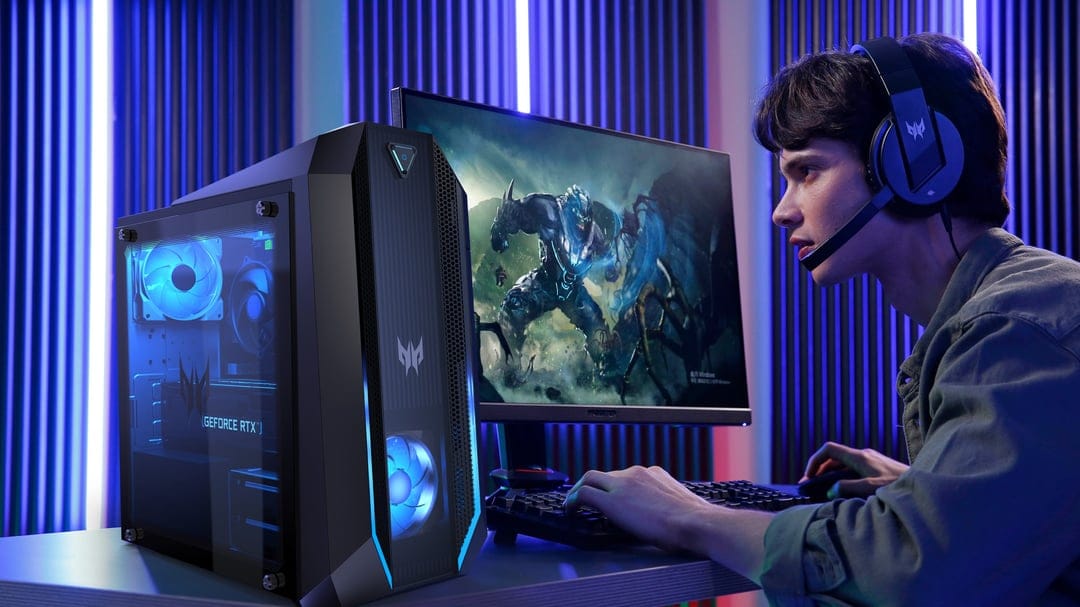 Young man wearing a headset gaming at a desktop PC with blue internal lighting and purple ambient glow.