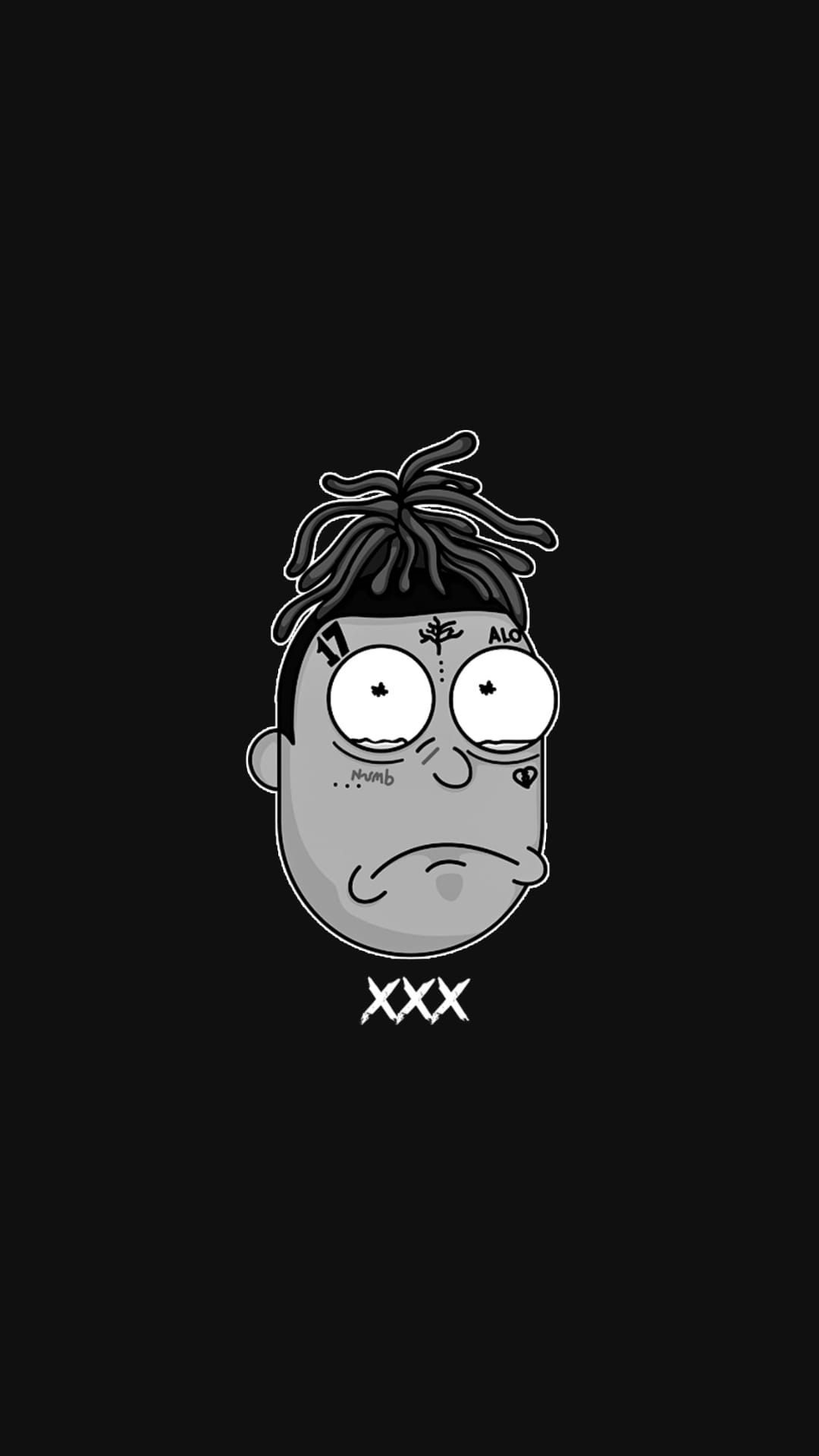 XXXTENTACION with dreadlocks and face tattoos in a Rick and Morty art style over a black and white background.
