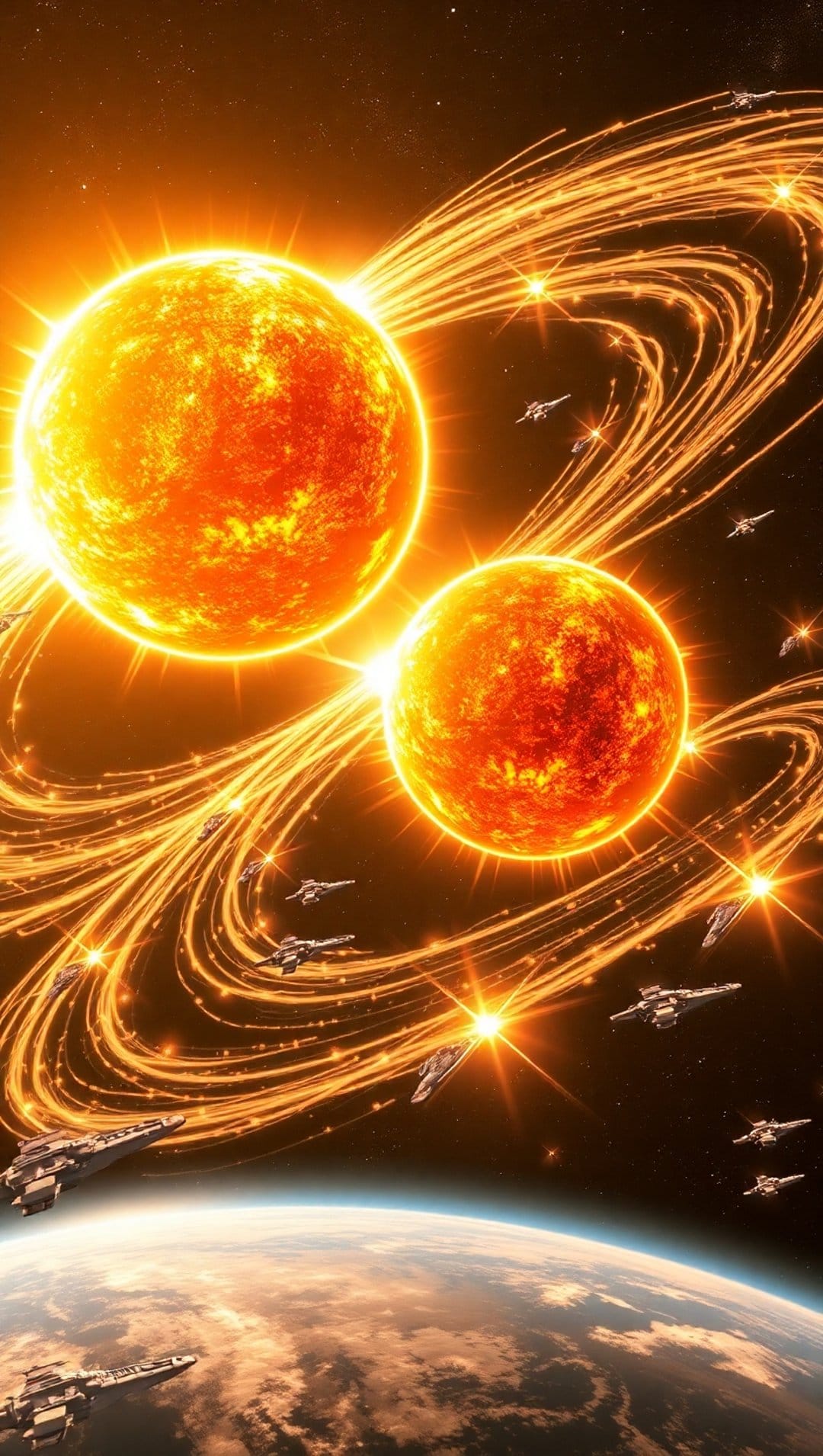 Massive starships engage in battle above a planet illuminated by twin suns and swirling cosmic energy trails.