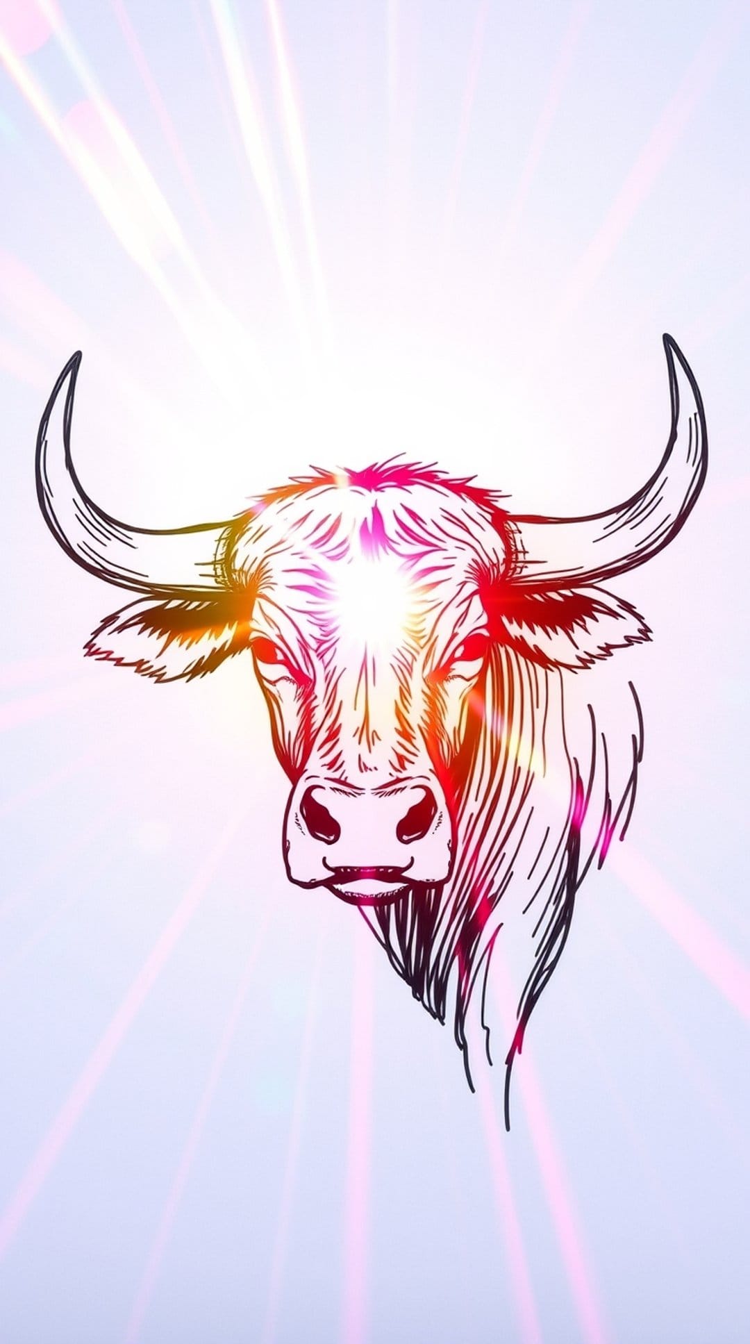 Bull head with a glowing forehead and pink light rays radiating against a dark background in portrait view.