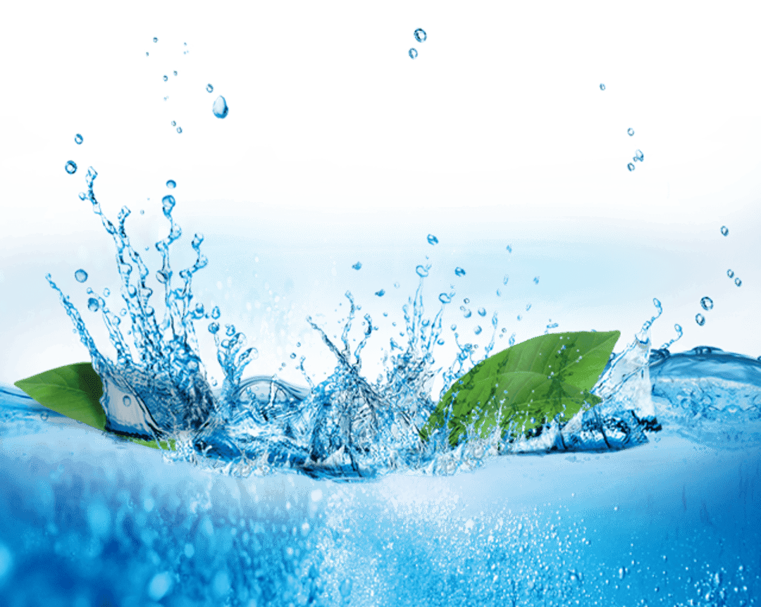 Green leaf with water splash droplets showing realistic liquid motion and transparent crystalline textures.